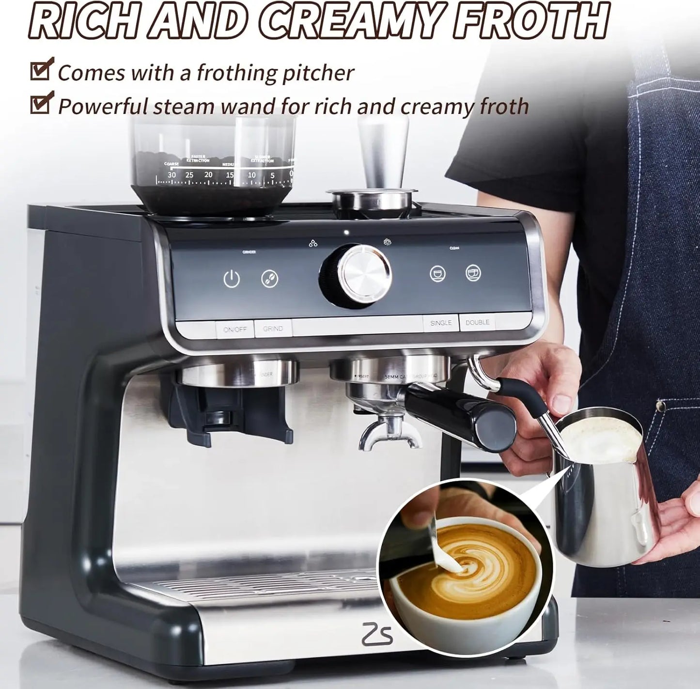 Acekool Espresso Machine With Grinder And Milk Frother Steam Wand 20 Bar