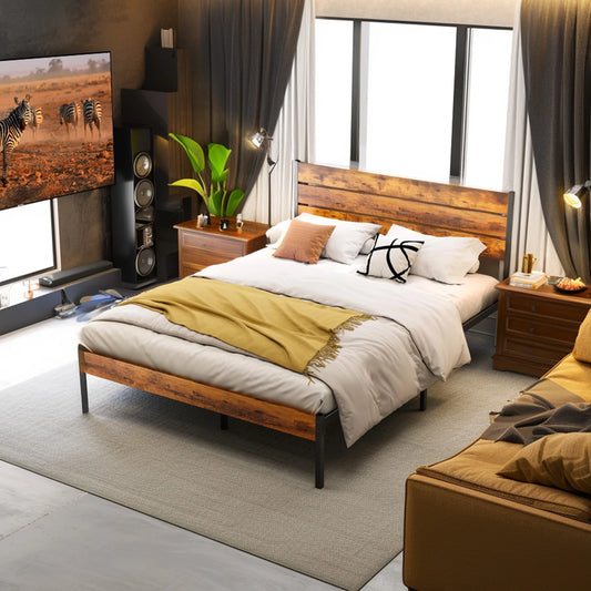 JHK Queen Metal Platform Bed Frame With Wood Slats