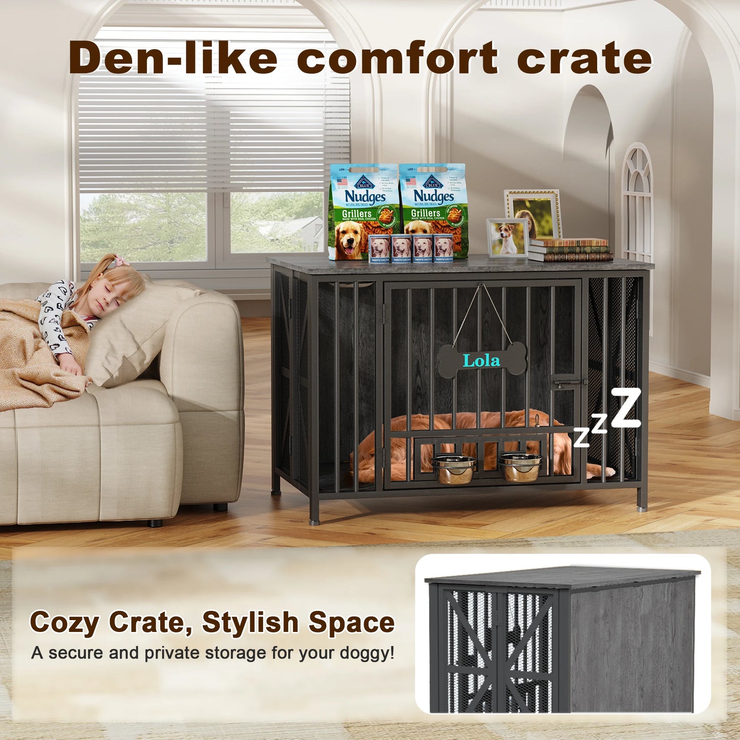 Foldable Wooden Dog Crate Kennel For Indoor Use With Bowls
