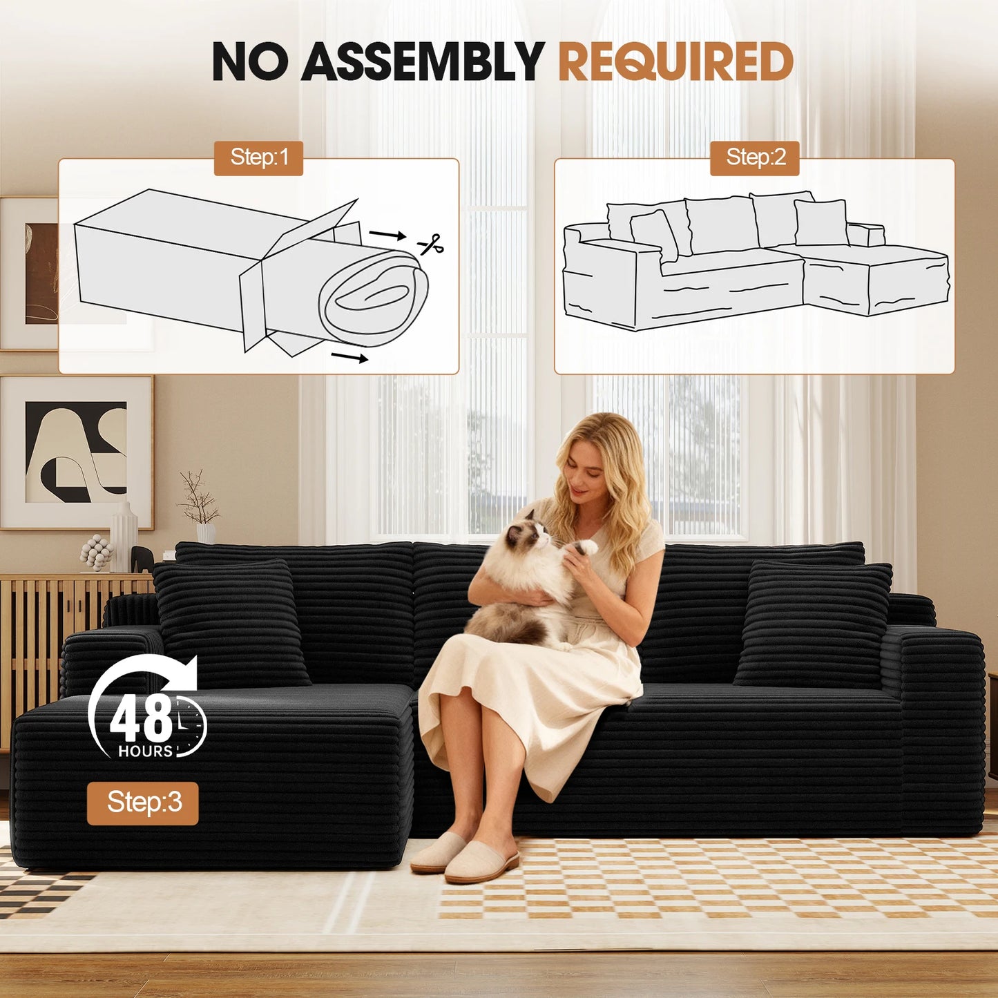 Black Corduroy Modular L-Shape Sectional Sofa With Chaise