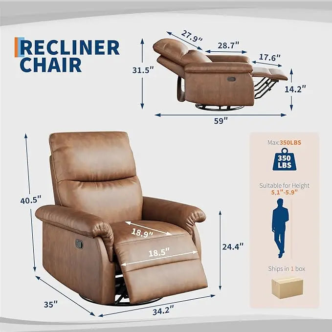 Recliner Chair, 360° Swivel Rocker Glider Nursery Chair with Padded Armrest and Deep Seat, PU Leather Upholstered Reclining Sofa Chair for Living Room