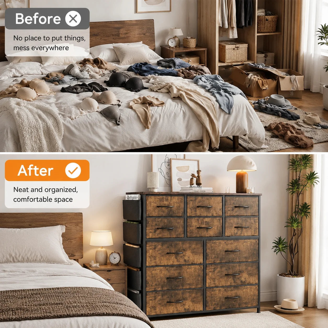 12 Drawer Dresser for Bedroom Fabric Storage Chest with Wood Top Steel Frame Side Pockets Hooks Organizer Cabinet for Living Room Entryway Bathroom Rustic Brown
