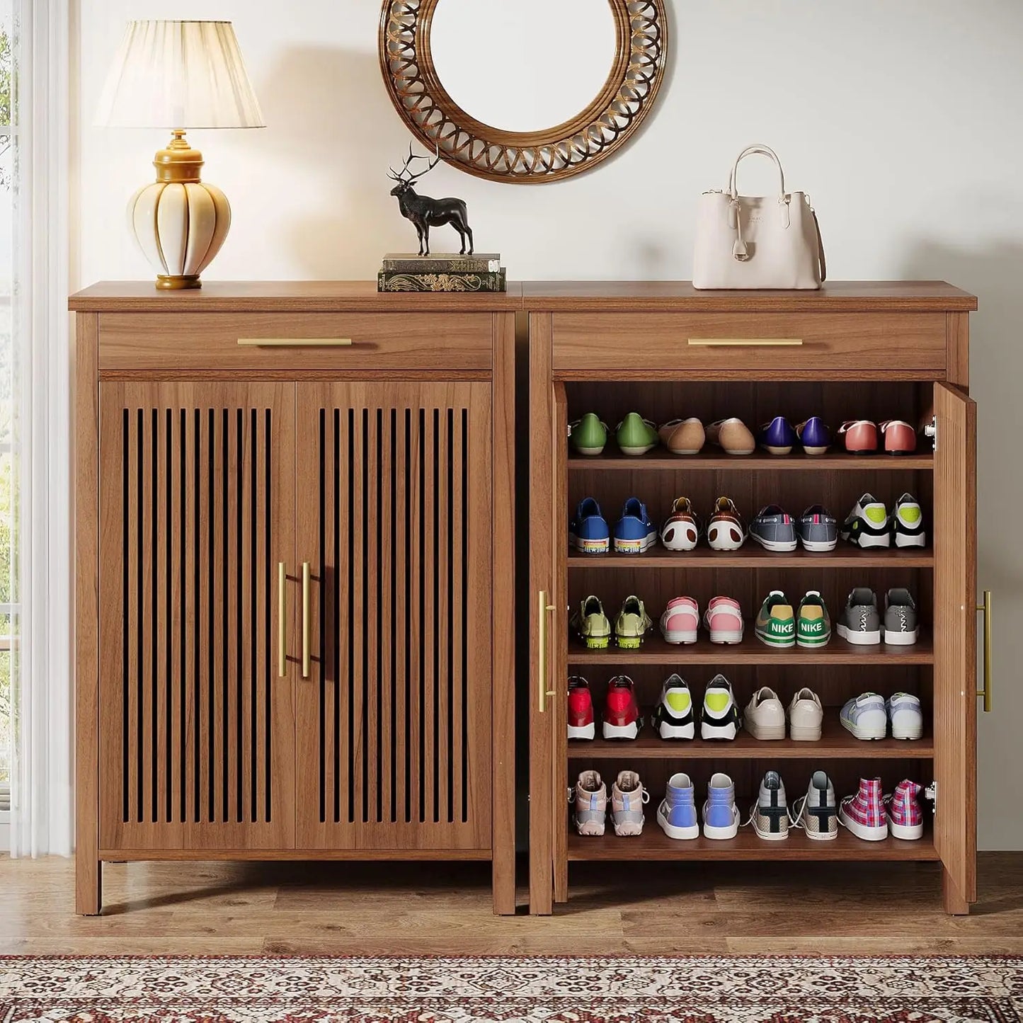 Little Tree 5-Tier Wooden Shoe Cabinet With Louvered Doors