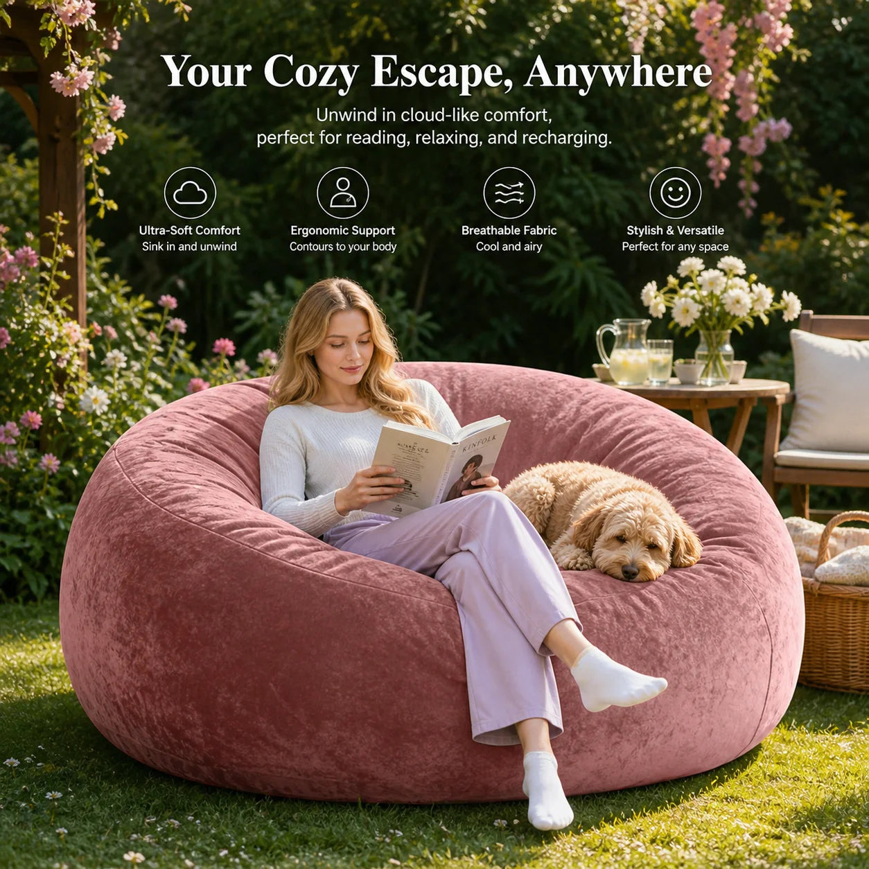 Memory Foam Beanbag Chair With Washable Flannel Cover For Reading