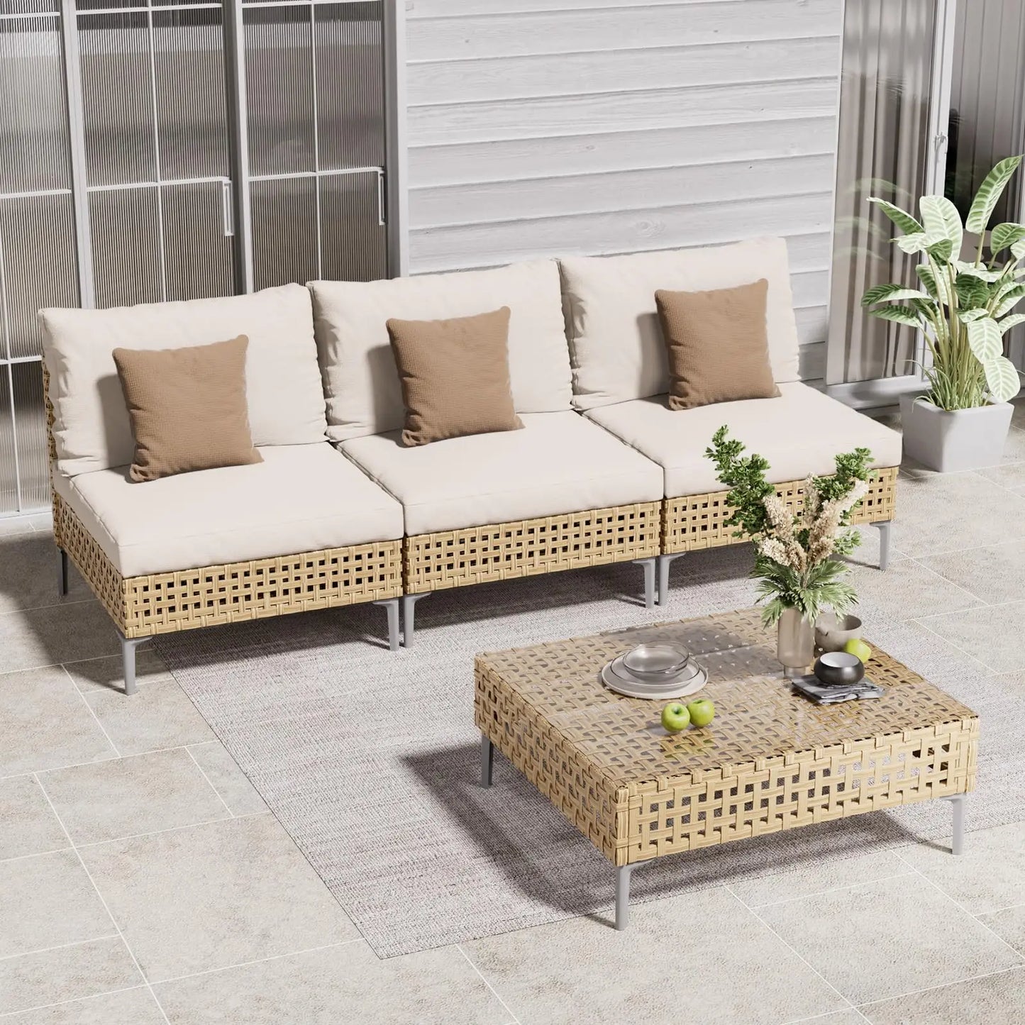 Boho Outdoor Conversation Set All Weather Wicker Sectional Sofa Cushions