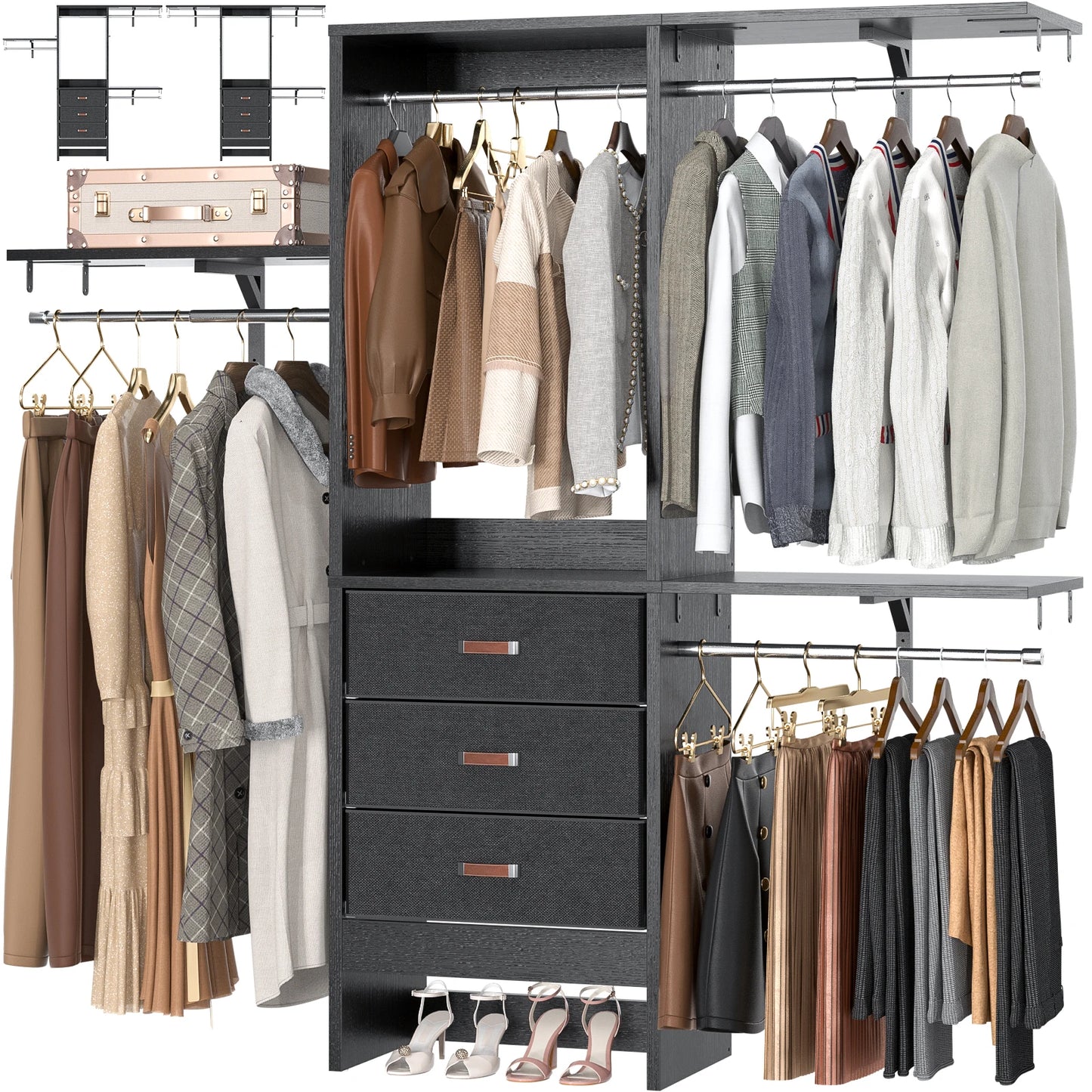 5FT Small Closet System with 3 Fabric Drawers, 60'' Walk In Closet Organizer System With 3 Adjustable Shelves