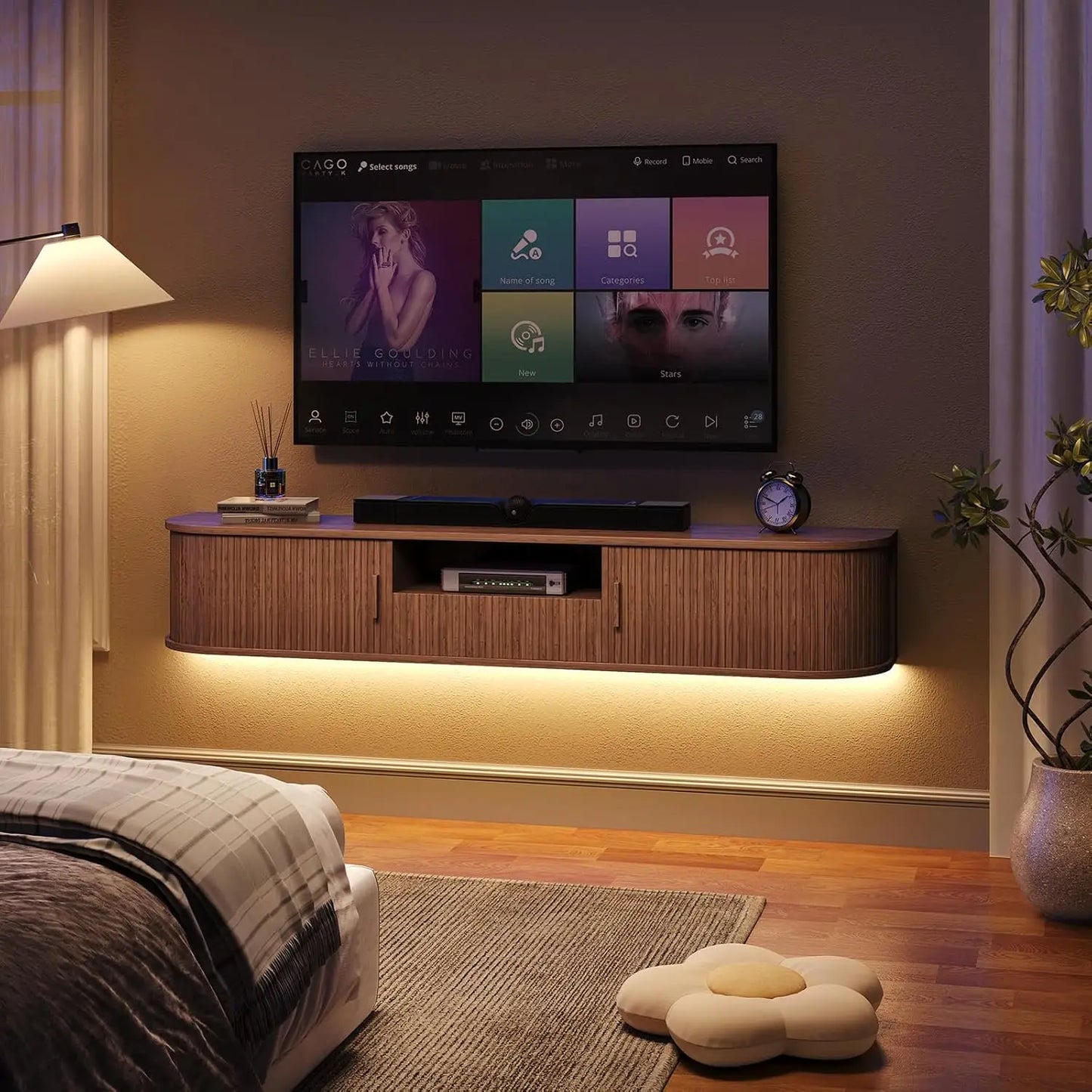 Onbrill 70 Inch Smart Floating TV Stand With Walnut Fluted Wood