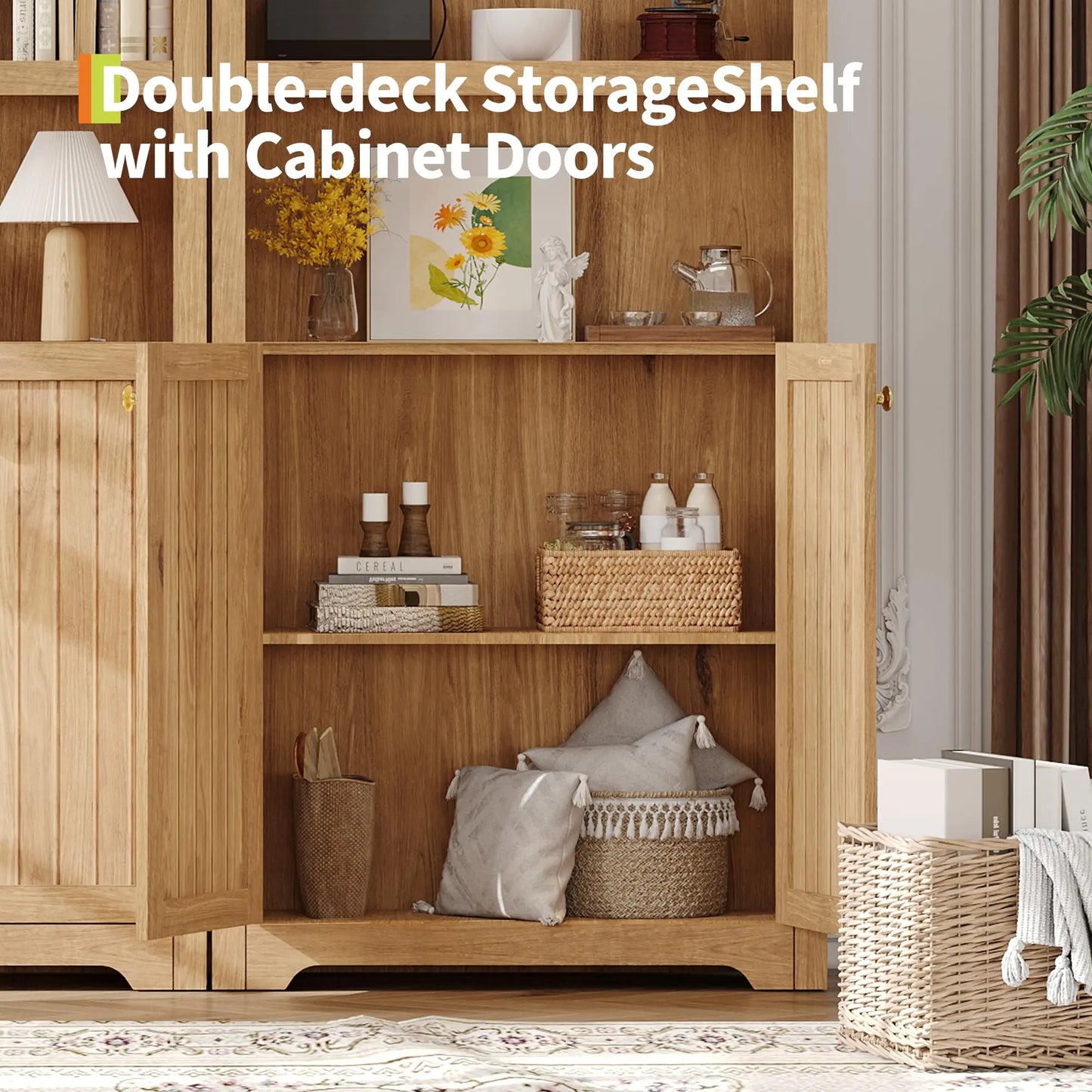 Arched Bookcase with Doors, 71 Inch Tall Storage Bookshelf with Cabinet and Shelves, Wooden Display Bookcase for Living Room, Home Office, White with Black Handles