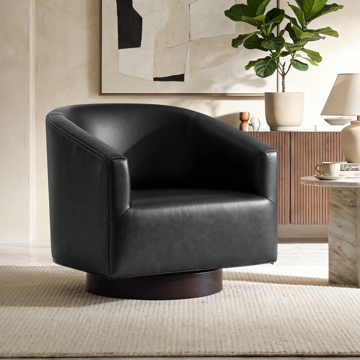 KERDOM Barrel Accent Chair, Modern Round Linen Arm Chair for Living Room, Bedroom, Comfy Club Reading Chairs for Adults, Black