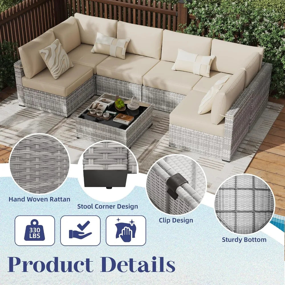 Seven Piece All Weather PE Rattan Modular Sectional Patio Set