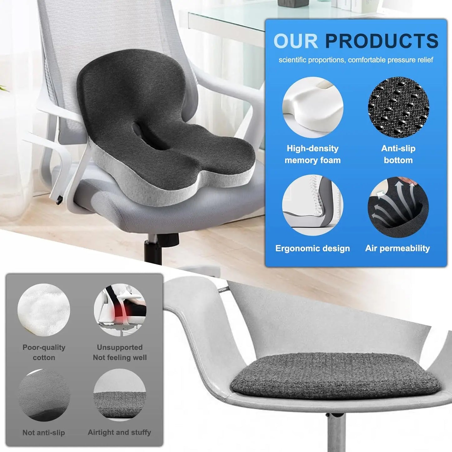 Memory Foam Seat Cushion and Backrest Pillow for Office Chair