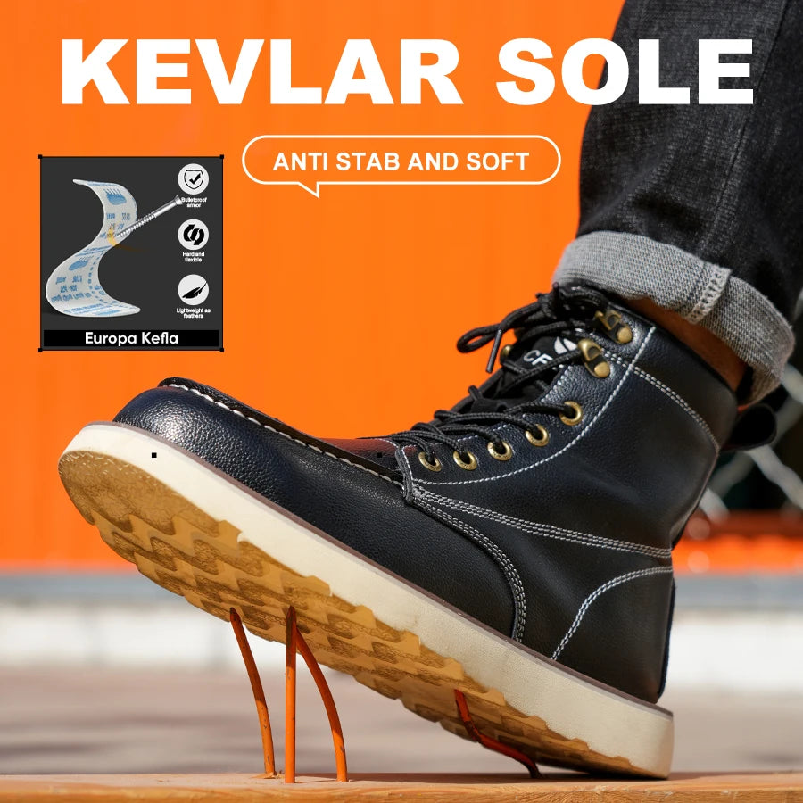 Two Layer Cowhide Mens High Top Work Safety Shoes Anti Smash Puncture
