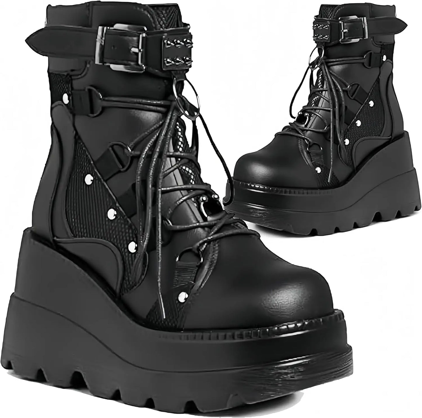 GIGIFOX Women's Goth Wedge Combat Ankle Boots Buckle Lace Up