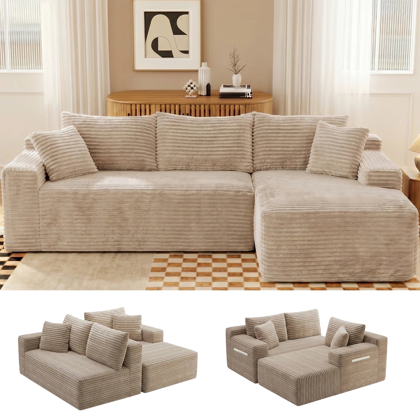 Black Corduroy Modular L-Shape Sectional Sofa With Chaise