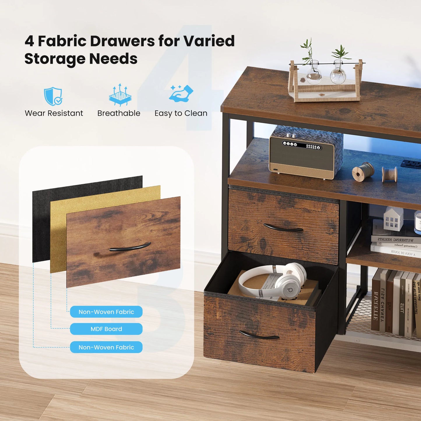 JHK Four Drawers TV Stand With LED Lights And Outlets