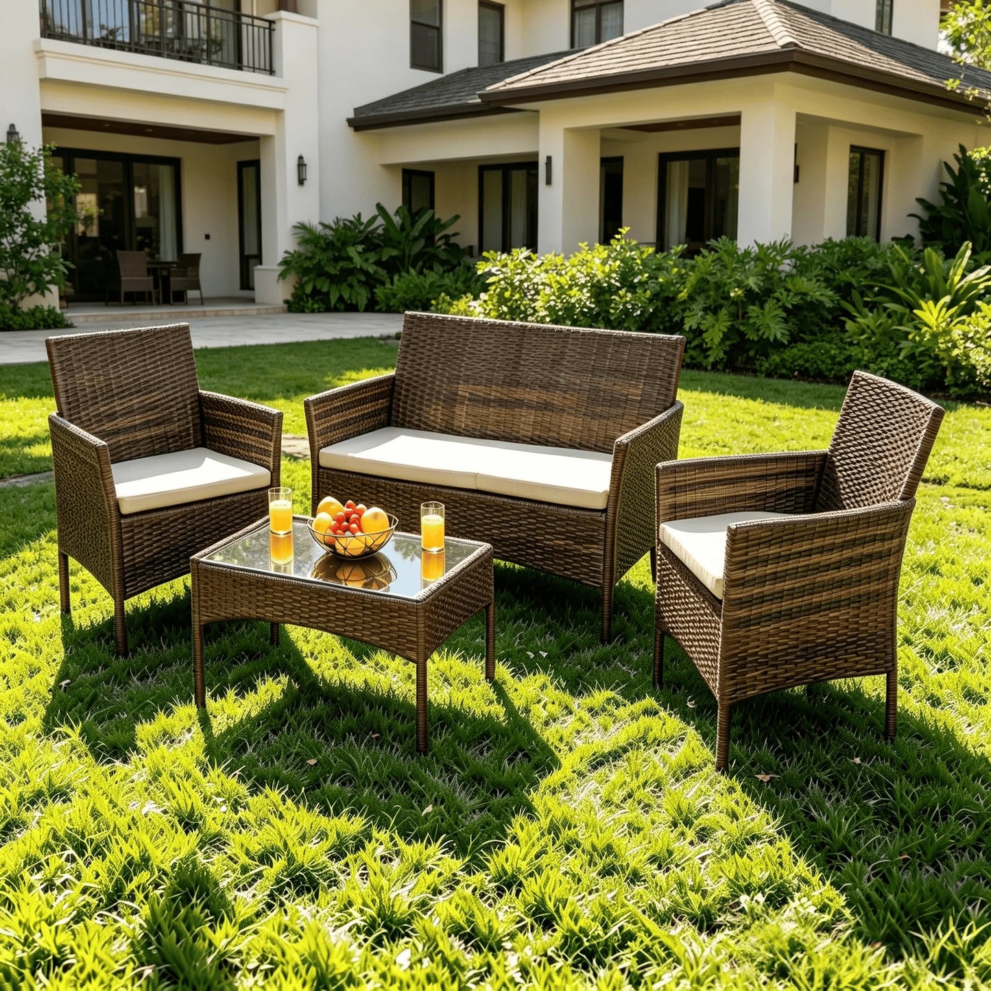 Outdoor Rattan Patio Furniture Set 4 Piece With Cushions And Glass Coffee Table