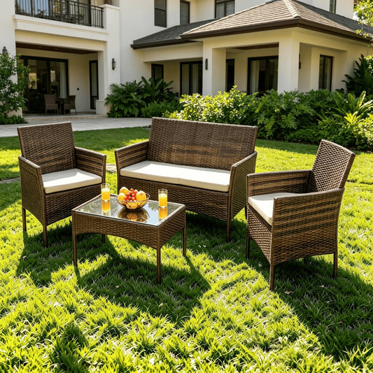 Outdoor Rattan Patio Furniture Set 4 Piece With Cushions And Glass Coffee Table