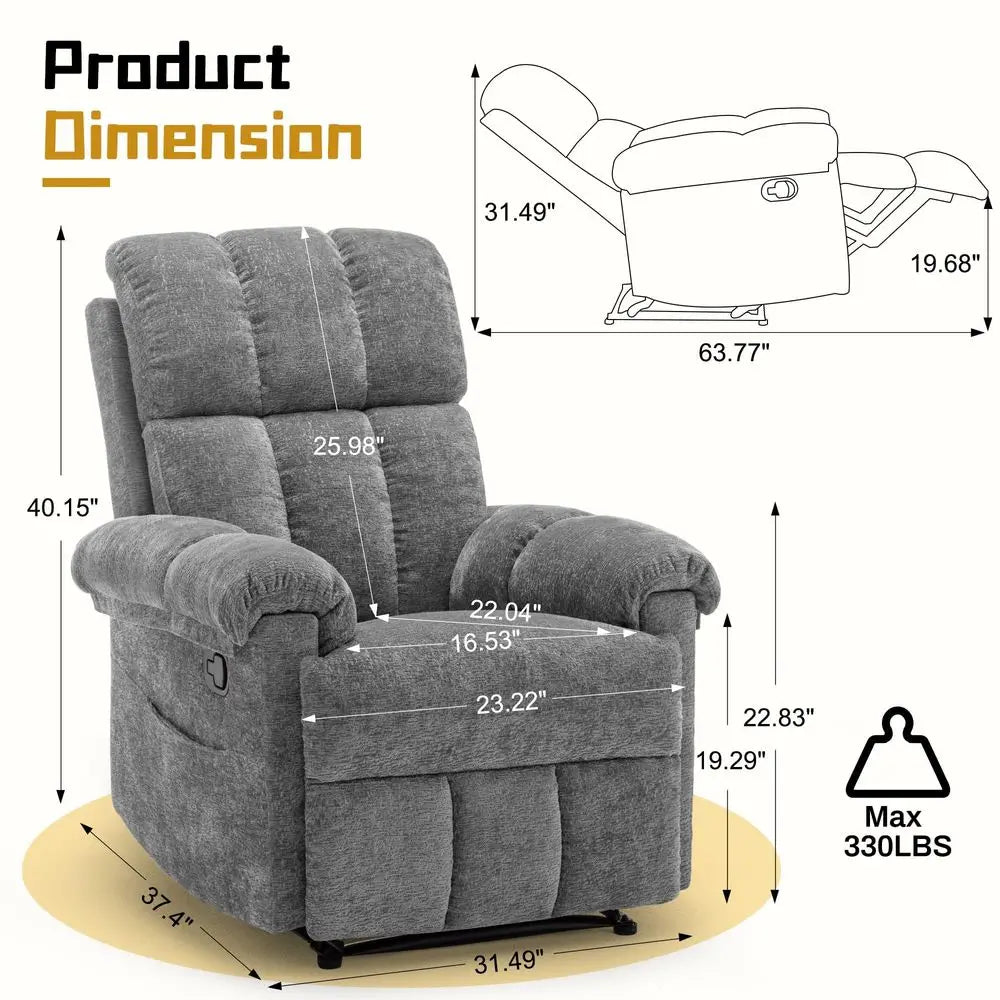 Recliner Chair, Living Room Recliner Chairs for Adults, Small Recliners for Small Spaces, Upholstered Manual Recliner with Side