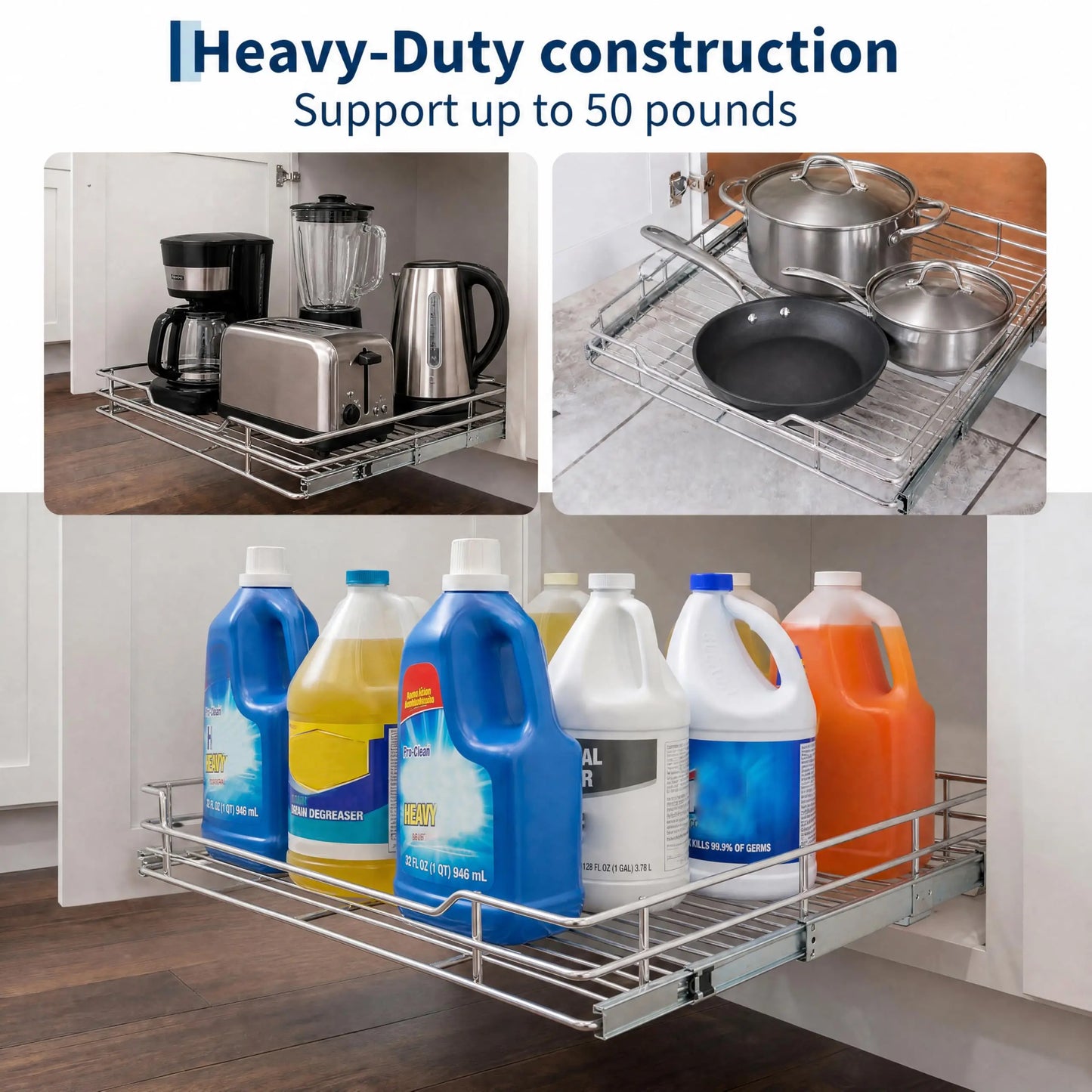 Pull Out Cabinet Organizer, Heavy Duty  Full Extension Slide Out Kitchen Organizers and Storage Roll Out Shelf Drawer for Pots Pans Under Sink Cabinet Organizers