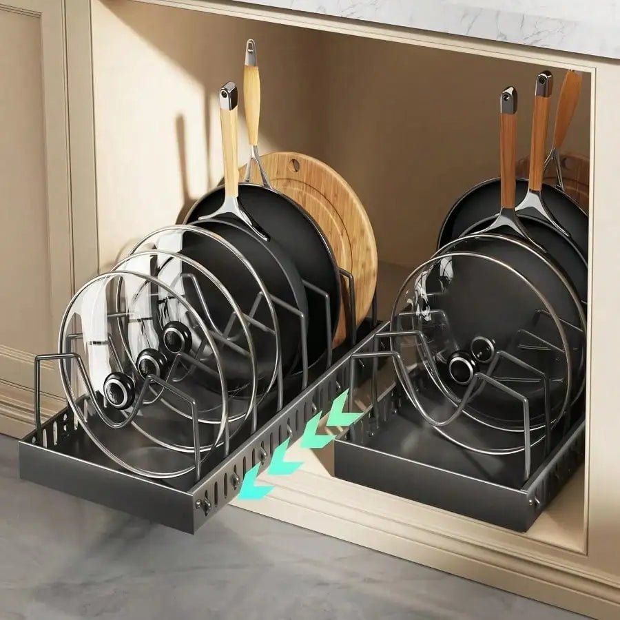 Pull-Out Pot And Pan Organizer, Kitchen Cabinet Drawer With 10 Adjustable Dividers, Easy Assembly, Pasting Fixed, No Drilling, Large Capacity, Heavy Duty, Expandable Length Between 16.93-23.23 Inches, Perfect Mother's Day Gif