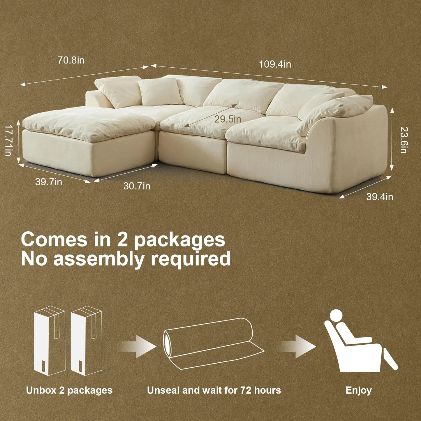 Yeflixvrau Modern L-Shaped 3-Seater Deep Seat Chenille Sofa With Ottoman