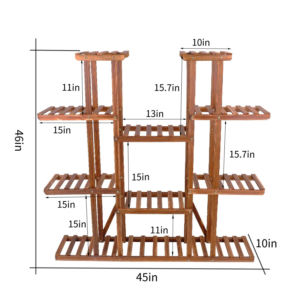 Wooden 11-Tier Plant Stand Carbonized For Indoor And Outdoor