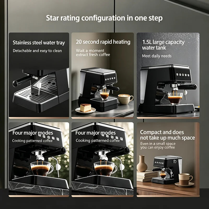 20 Bar Pressure Espresso Coffee Machine 20s Fast Heat Auto Extraction Milk Frother Home Barista Coffee Maker 1.5L Water Tank