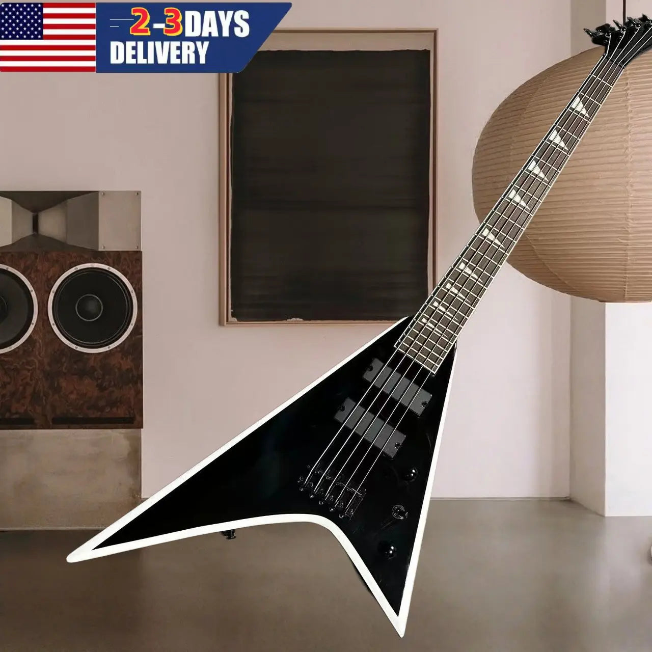 The New V-shaped Electric Guitar Features A Black Band with White Edging and A 5-string Bass Design That Is Suitable As A Holiday Gift