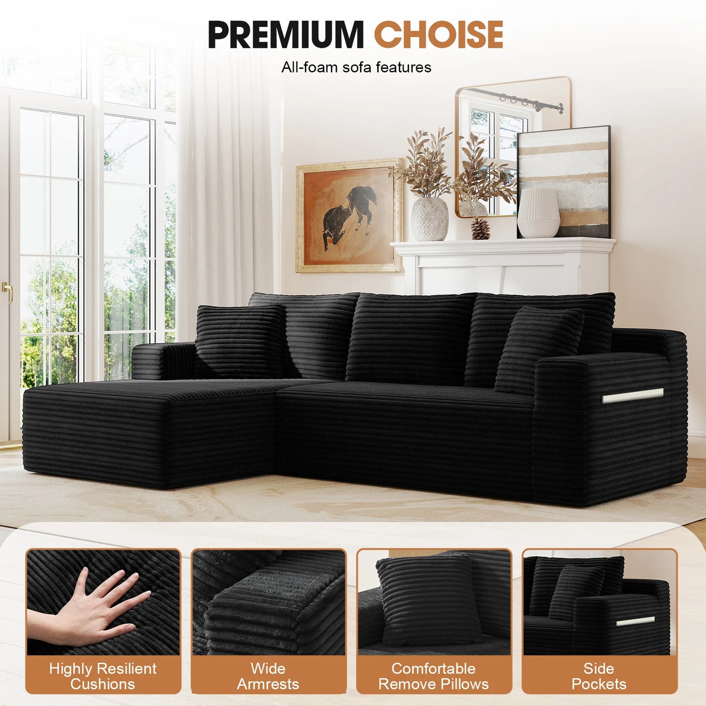 Black Corduroy Modular L-Shape Sectional Sofa With Chaise