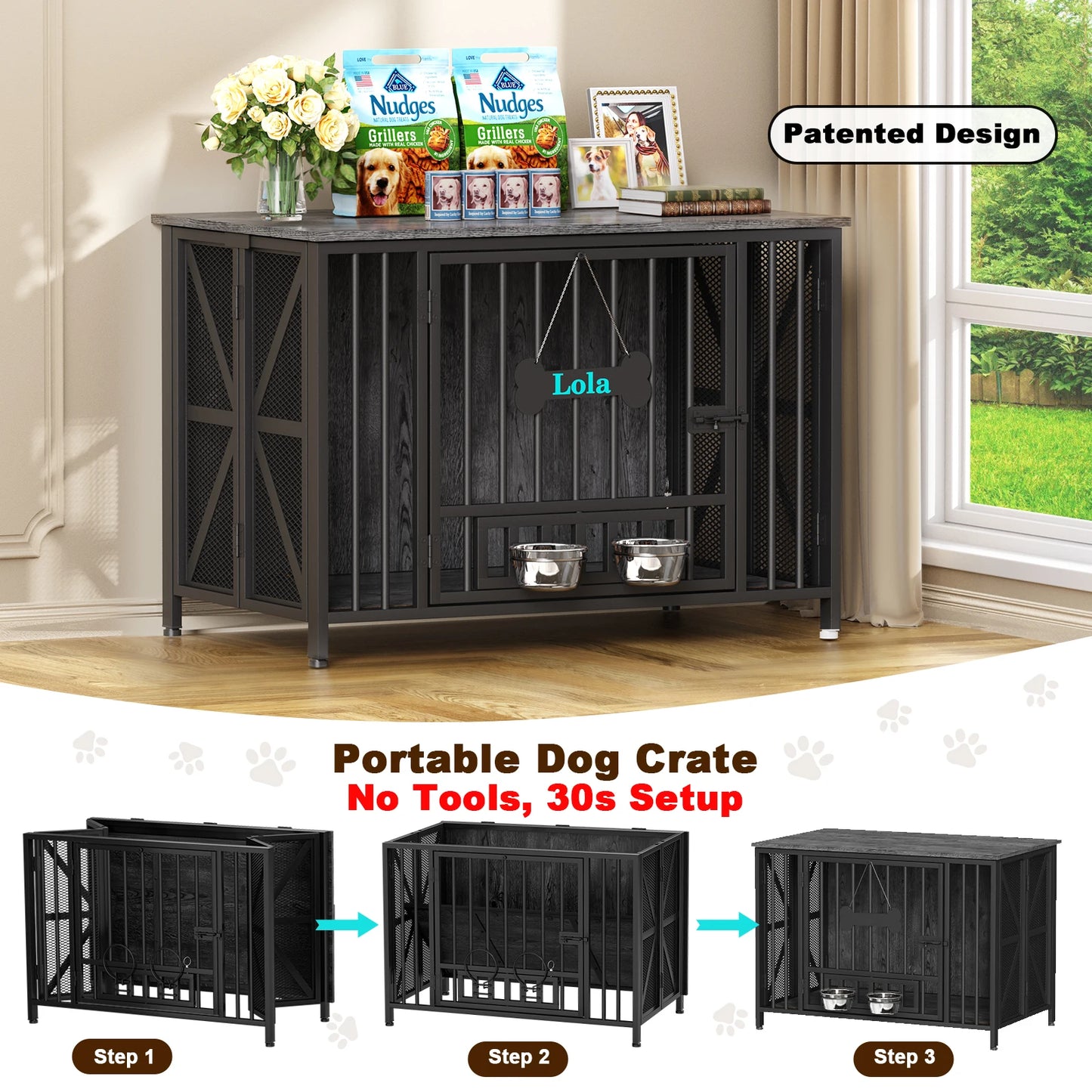 Foldable Wooden Dog Crate Kennel For Indoor Use With Bowls