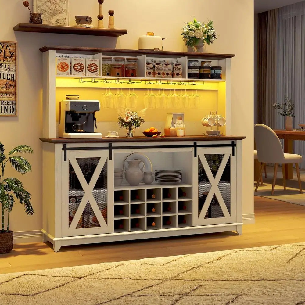 Bar Cabinet With Power Outlet LED Light And Wine Racks