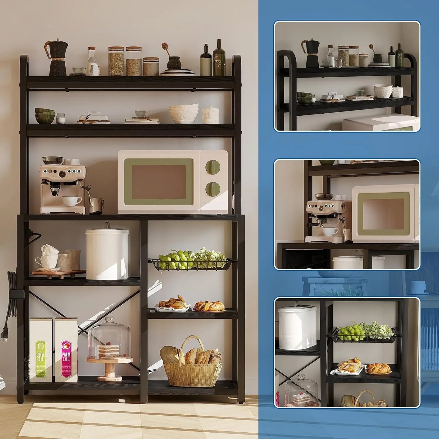 6 Tier Black Baker Rack with Power Outlet, Kitchen Microwave Stand Coffee Bar Station with Wire Drawer & Storage Basket, Large Freestanding Kitchen Organizer Shelf with MDF Board and Steel Frame for Cookware Spices Dining Roo
