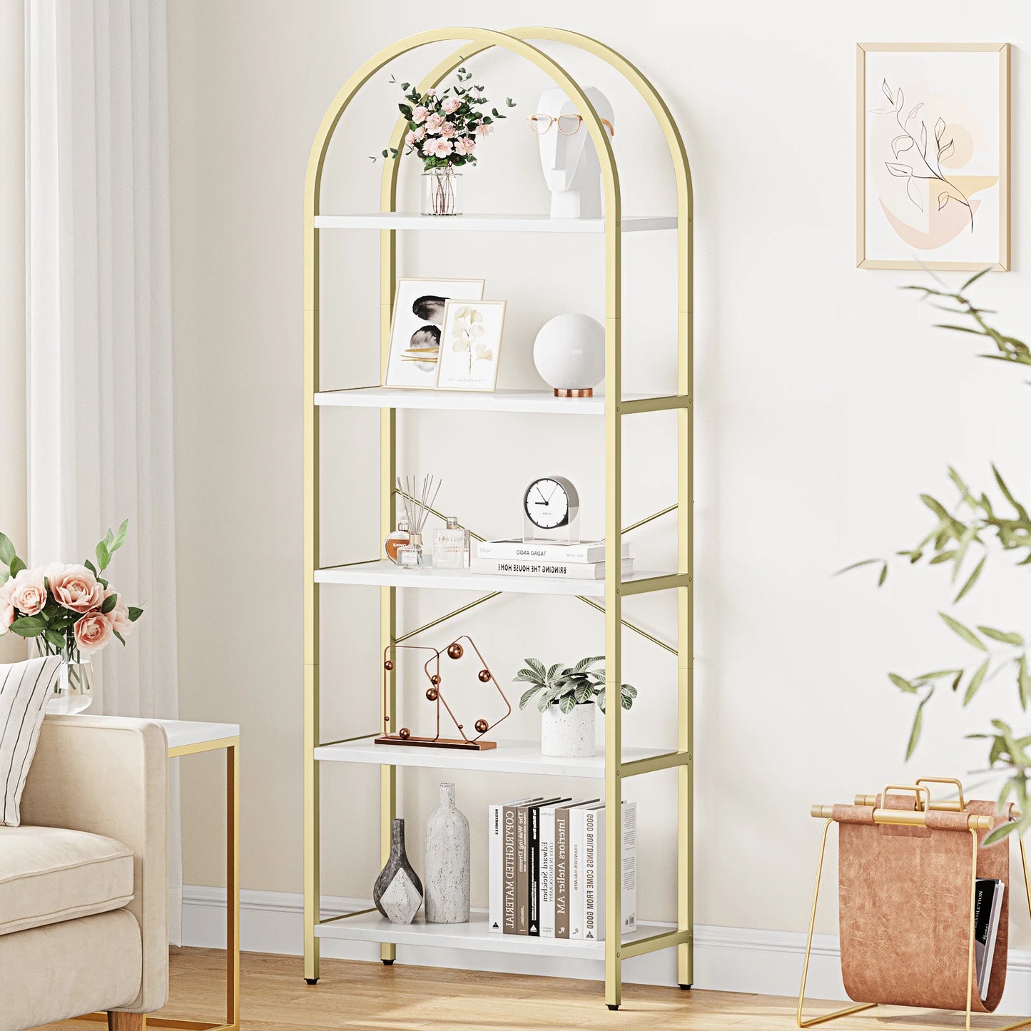 HiMISS 5 Tier Bookshelf Arched Display Metal Frame Bookcase