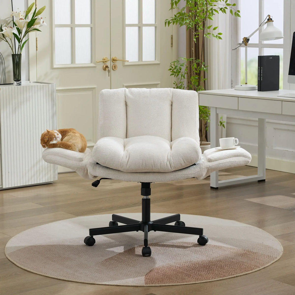 Modern Chenille Swivel Office Chair, Height Adjustable Desk Chair with Convertible Armrests, Double Cushioned Task Chair for Home Office Study Vanity, Cream Beige