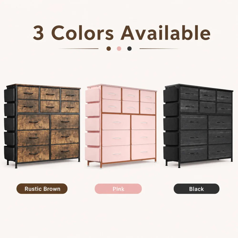 12 Drawer Dresser for Bedroom Fabric Storage Chest with Wood Top Steel Frame Side Pockets Hooks Organizer Cabinet for Living Room Entryway Bathroom Rustic Brown