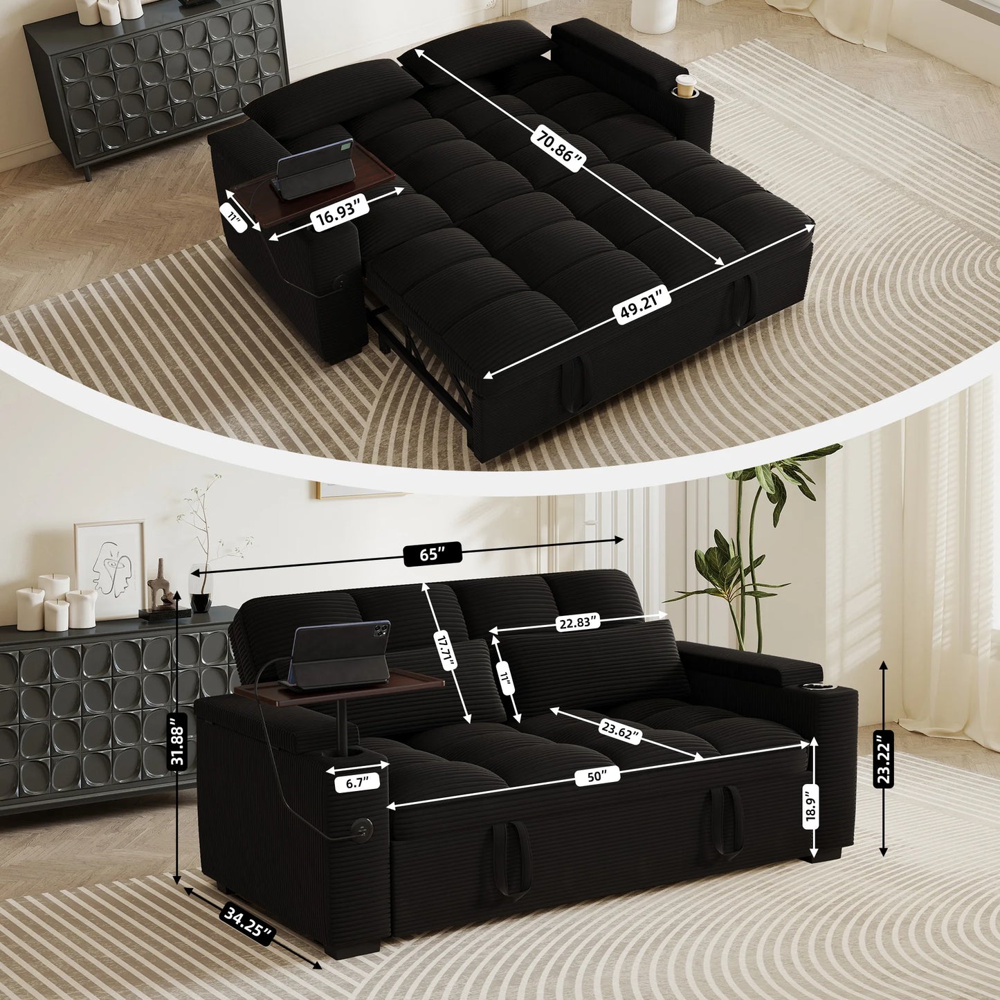 65 Inch Foldable Sofa Bed With Swivel Table And USB Charging