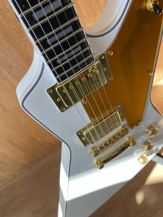 White Explorer Electric Guitar Gold Hardware HH Pickups Mahogany Body