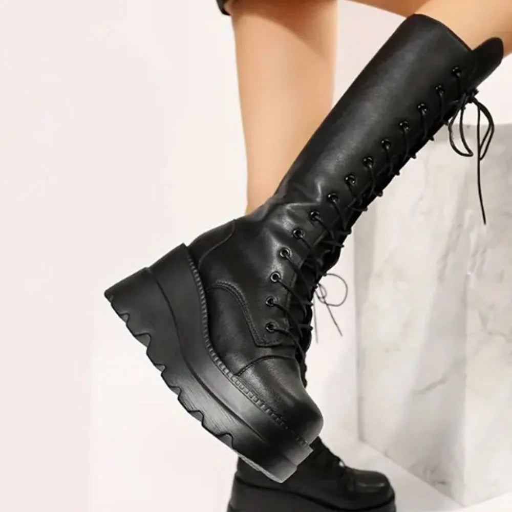 DoraTasia Gothic Lace Up Mid Calf Boots With Zipper