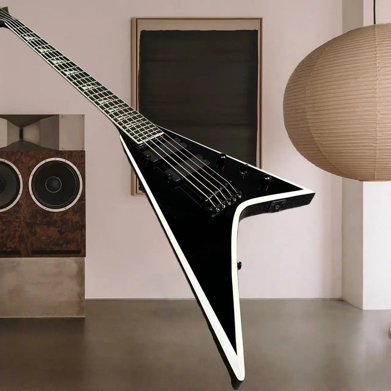 The New V-shaped Electric Guitar Features A Black Band with White Edging and A 5-string Bass Design That Is Suitable As A Holiday Gift