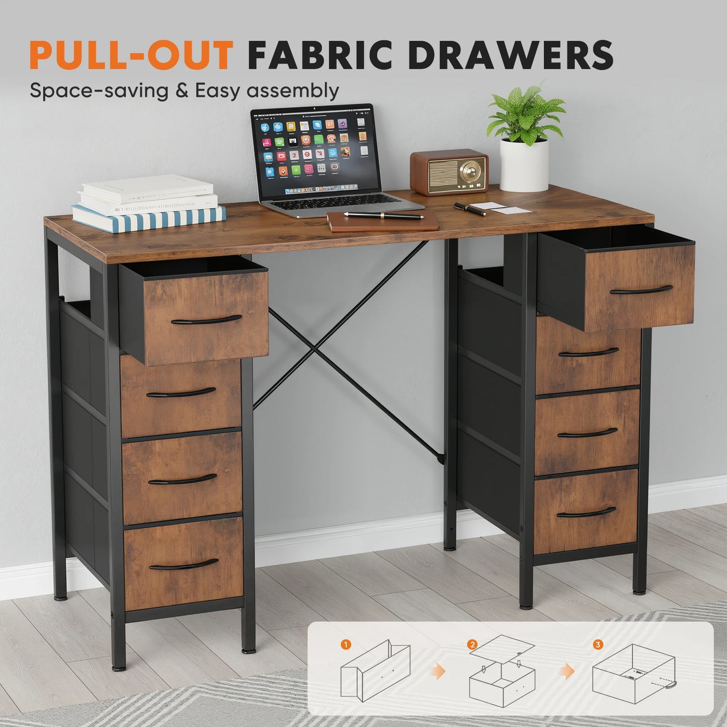JHK Office Desk With 8 Fabric Drawers And X-Shaped Reinforcement