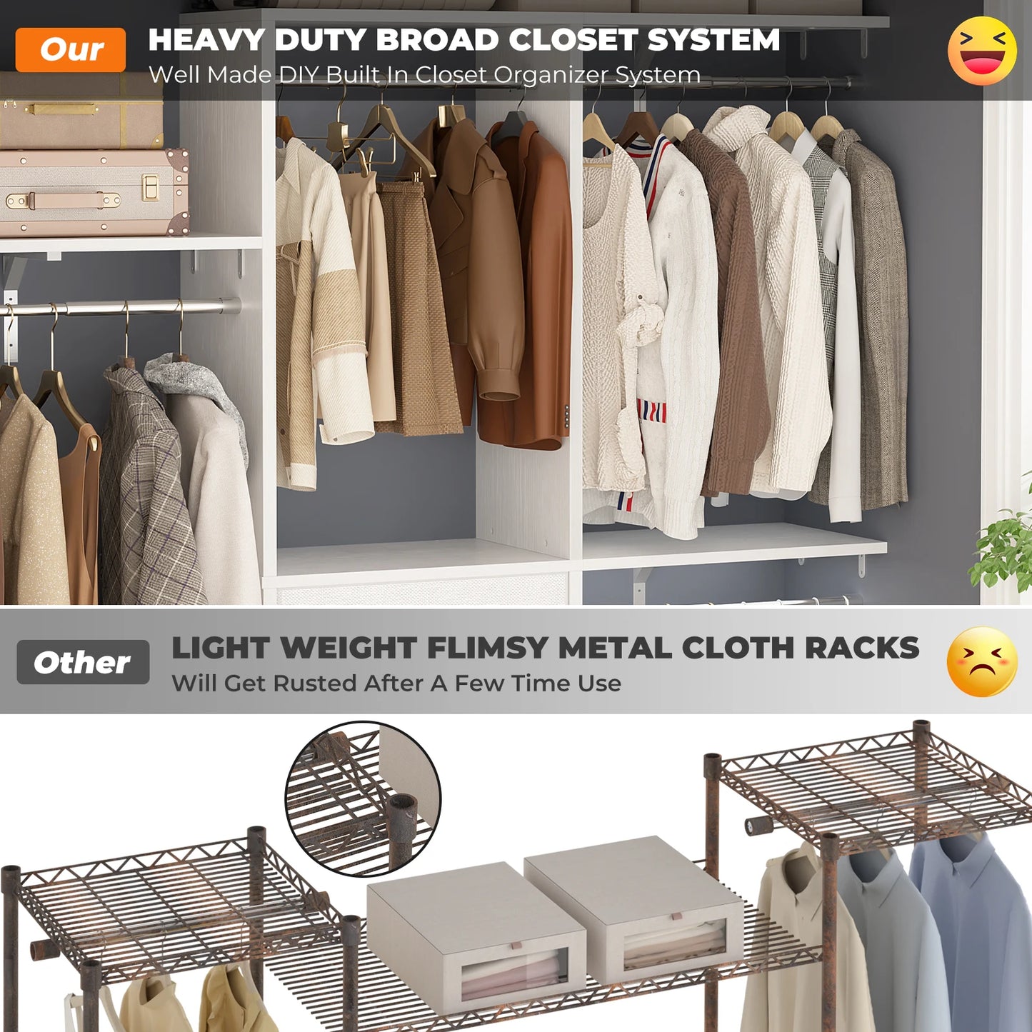 5FT Small Closet System with 3 Fabric Drawers, 60'' Walk In Closet Organizer System With 3 Adjustable Shelves