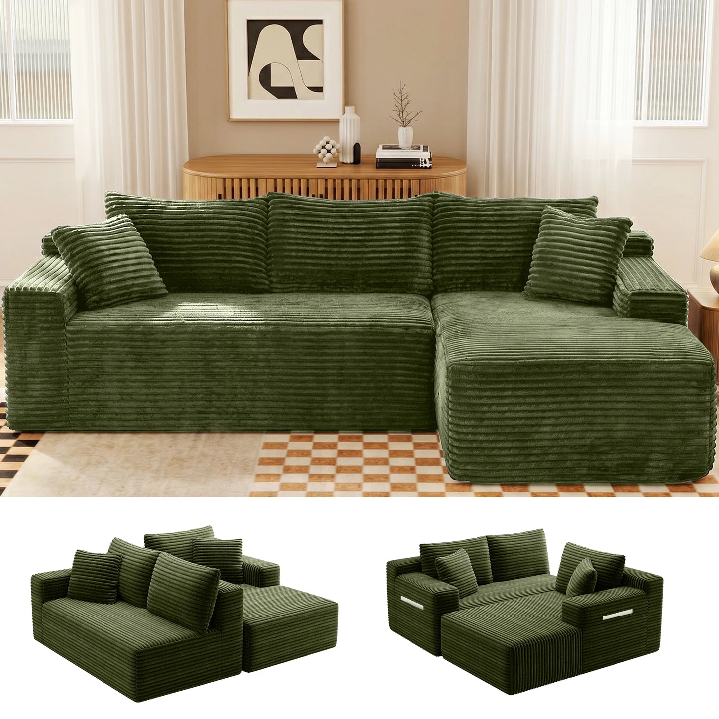 Black Corduroy Modular L-Shape Sectional Sofa With Chaise