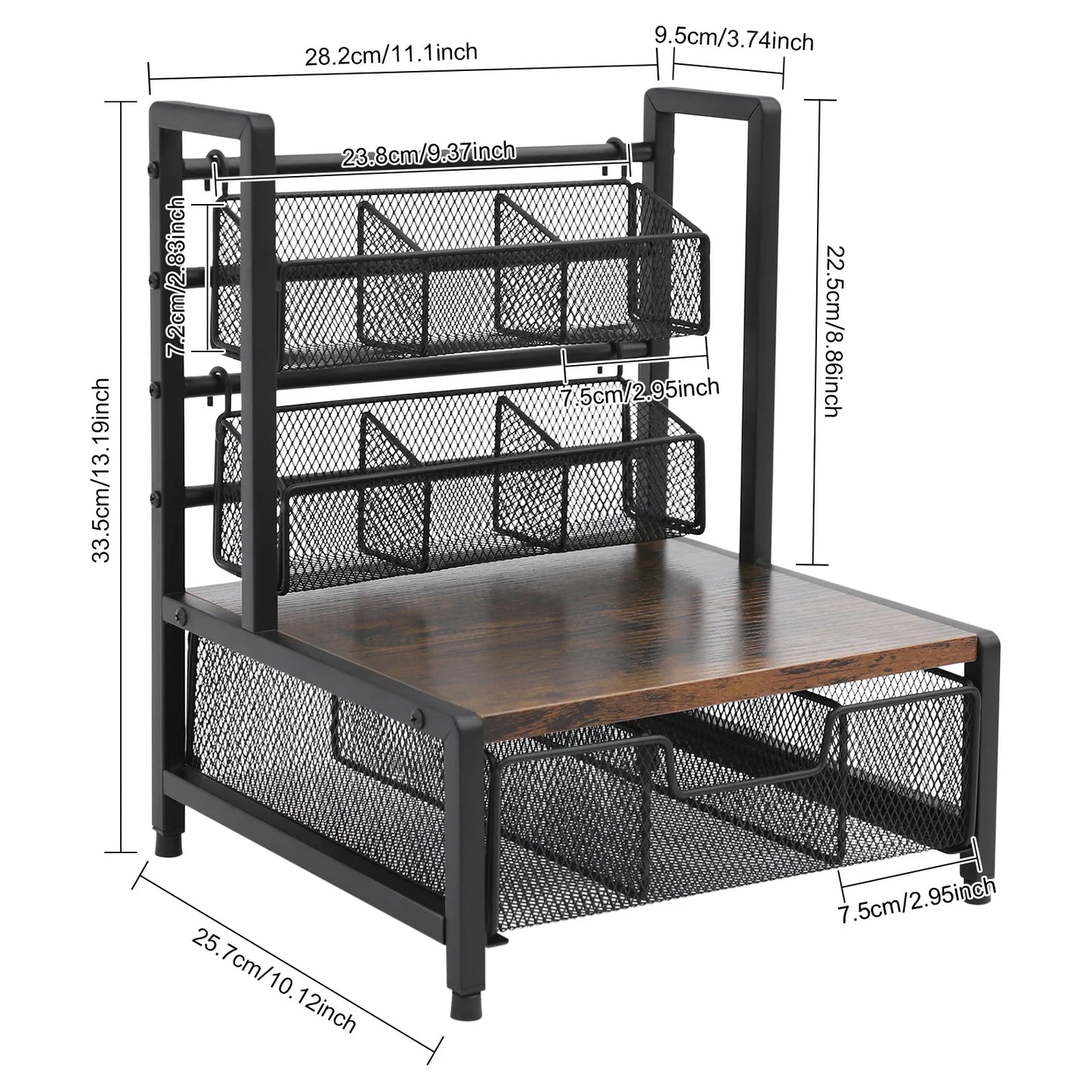 Tea Bag Organizer 3-Tier Countertop Storage Holder with 2 Wire Baskets & Drawer Industrial Rustic Metal Wood Frame for Coffee Pods Sugar Packets Spices