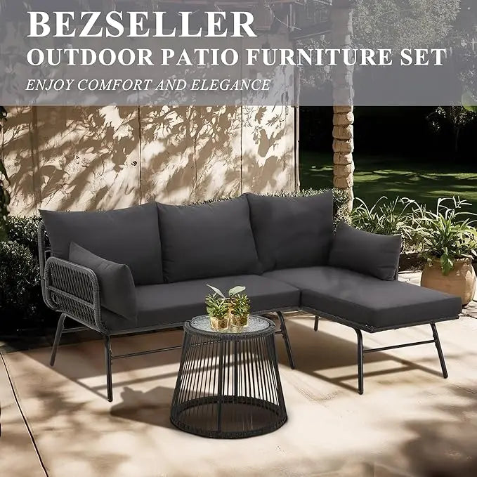 XIUWO Outdoor 3-Piece L-Shaped Rattan Patio Furniture Set