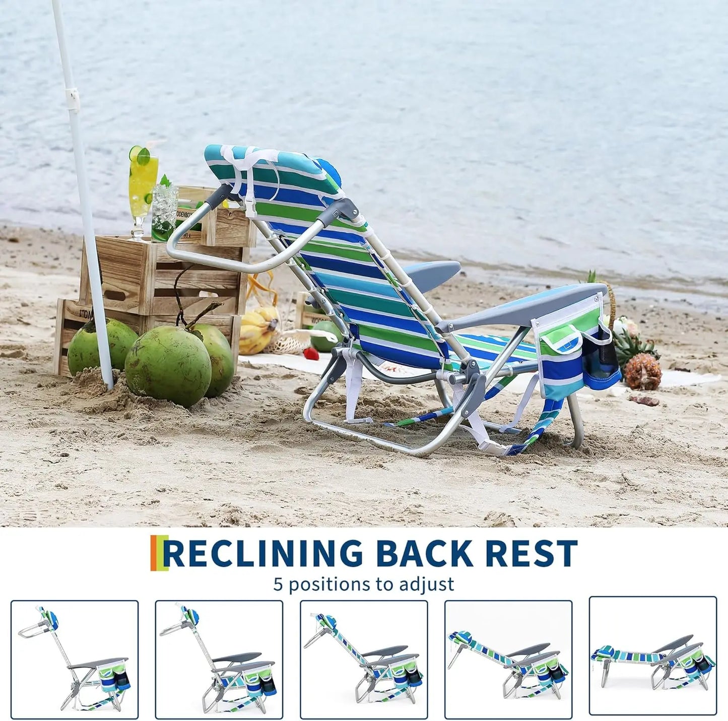 TWISTER.CK Portable Backpack Beach Chair With Five Reclining Positions