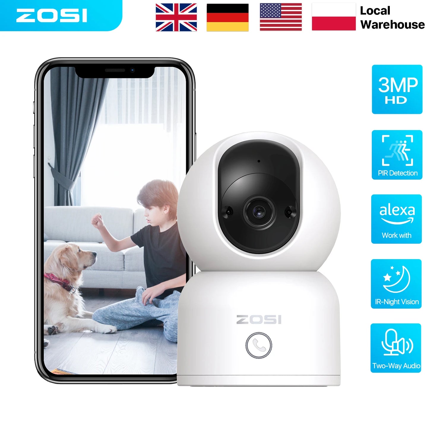 Zosi C518 Indoor Pan Tilt Smart Security Camera With 3MP