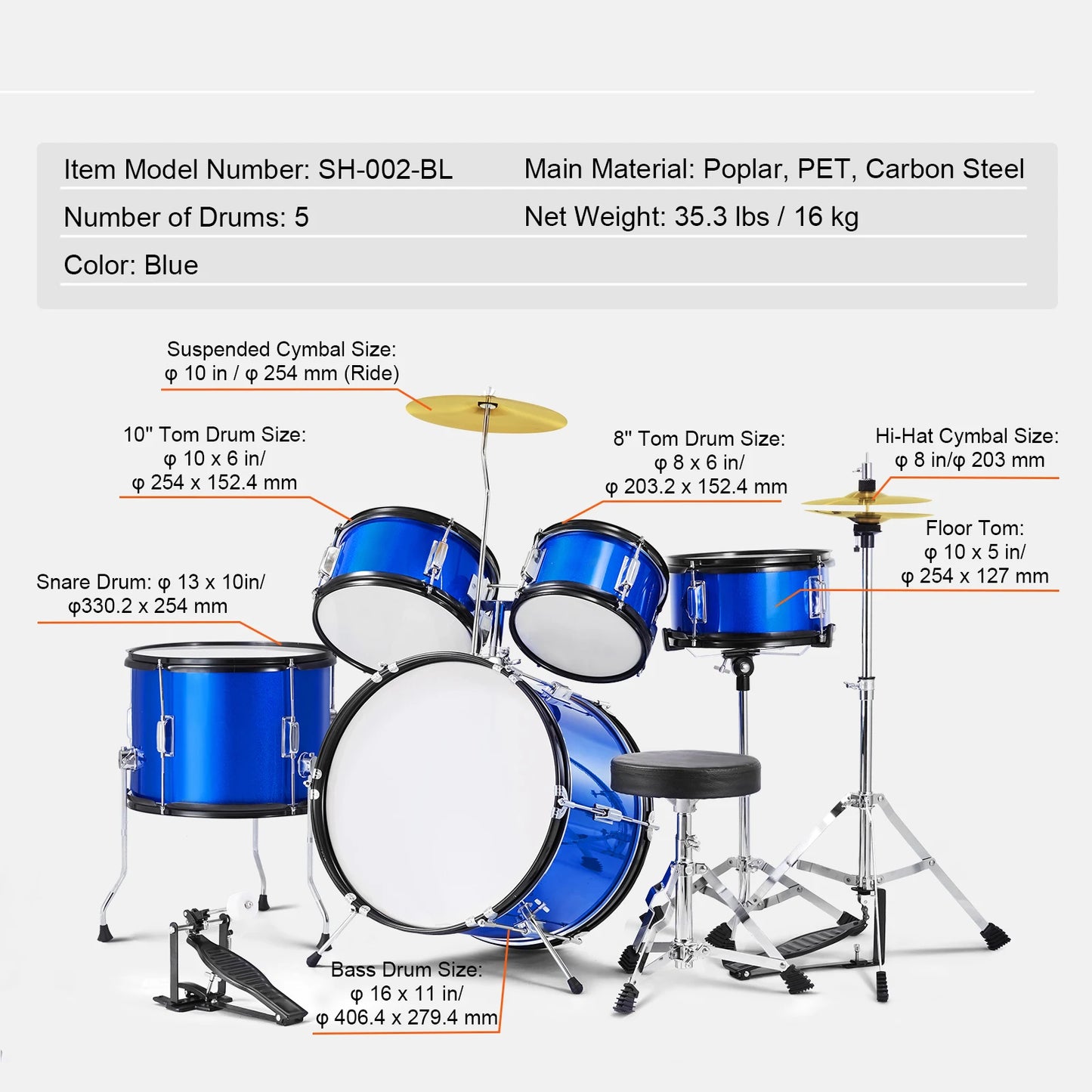 SucceBuy 5-Piece Kids Drum Set With Bass Toms Snare