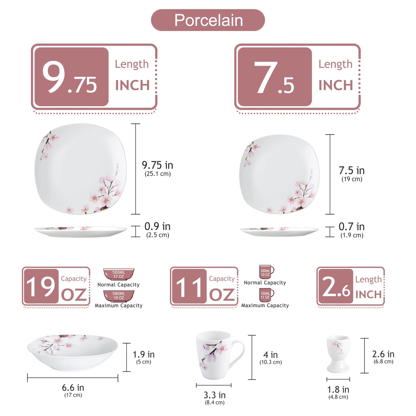 VEWEET ANNIE 30/24/20 Pcs Porcelain Dinnerware Set Pink Floral Plates Dinner Set with Dinner Plate/Dessert/Soup/Cup/Saucer