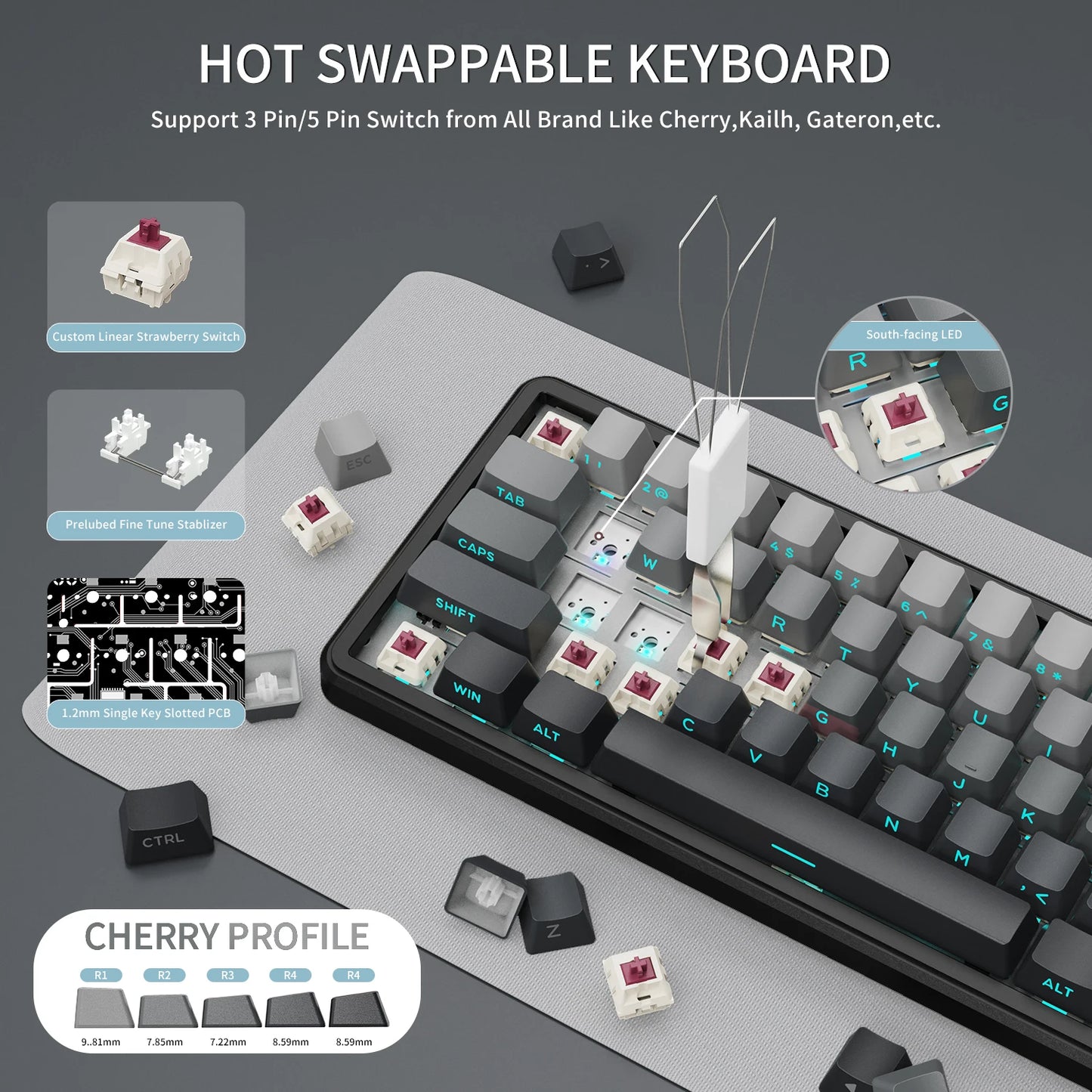 ATTACK SHARK X66 65% Wireless Mechanical Keyboard with Knob, 66 Keys Tri Mode Gasket Hot Swap RGB Gaming Keyboard 60 Percent,PBT
