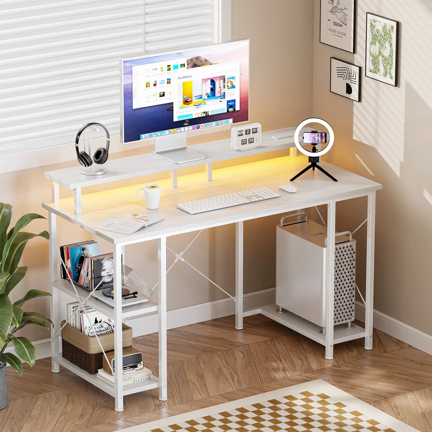 JHK 48 Inch Computer Desk With Shelves And Power Outlets